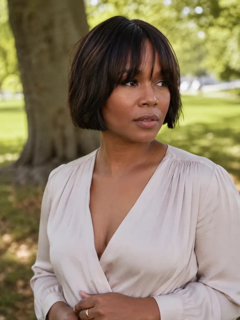 Black woman with a chin-length bob haircut and soft curtain bangs, wearing an elegant light-colored blouse in an outdoor park setting. Her smooth dark brunette hair frames her face beautifully, with natural makeup and realistic skin texture