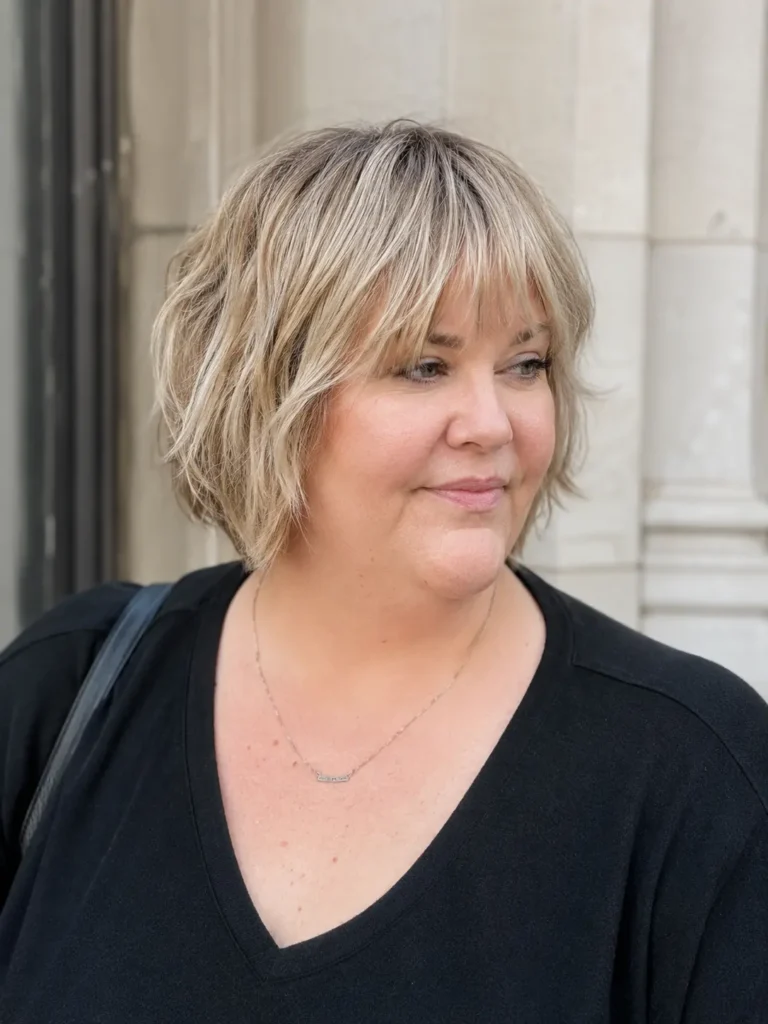 Plus-size English woman with an ash blonde choppy bob haircut and textured bangs, featuring visible layered texture and healthy shine