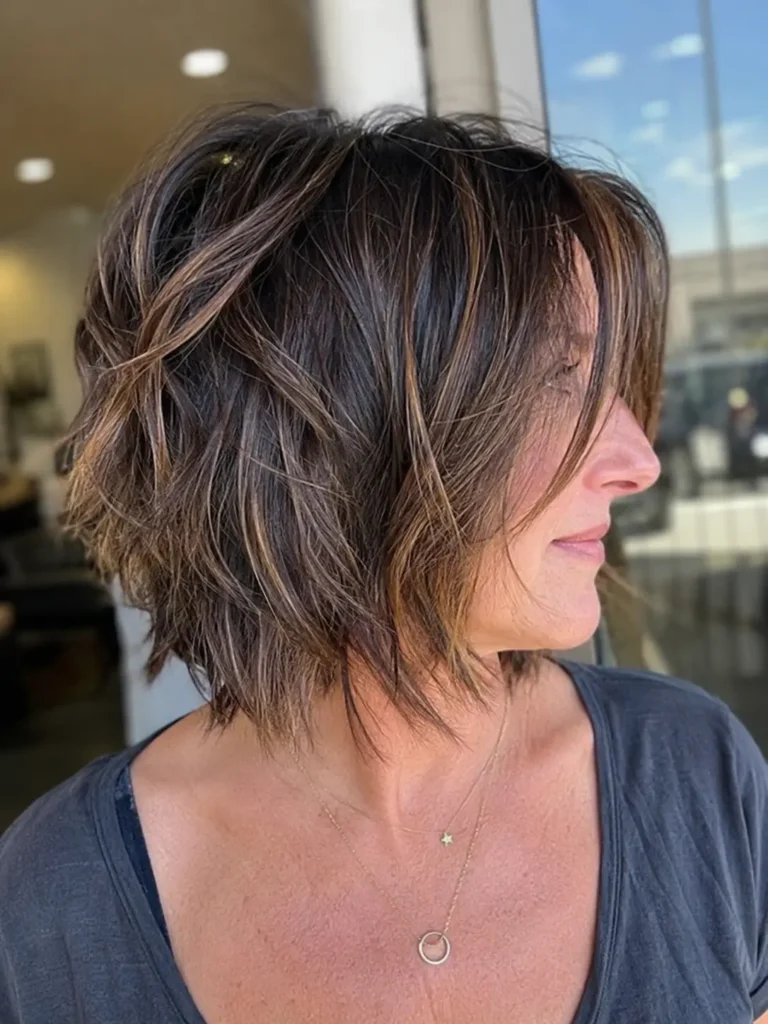 woman over 40 with a choppy layered bob haircut featuring textured ends and natural movement. Her brunette hair is enhanced with dimensional highlights, creating depth and shine. The hairstyle is the focal point of the image,