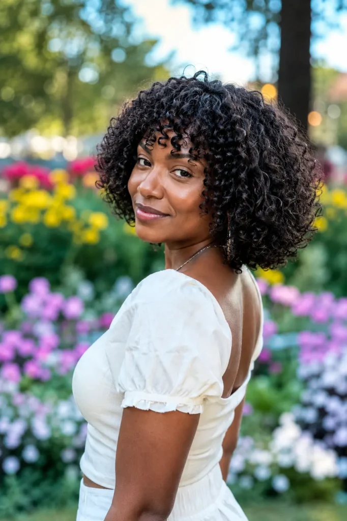 **Alt Text:**
Black woman with a curly bob hairstyle and soft curly bangs, showcasing defined natural curls in an outdoor flower garden. She wears a casual elegant white outfit and smiles confidently toward the camera. The portrait highlights realistic skin texture and natural beauty, with the hairstyle prominently displayed against a colorful floral background.
