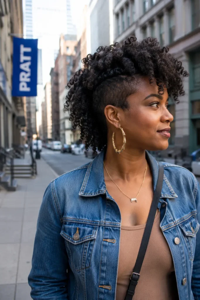 Black woman with a curly faux hawk hairstyle featuring voluminous, textured natural curls and closely tapered sides, standing in an urban city street setting. She wears a trendy casual outfit and gold hoop earrings