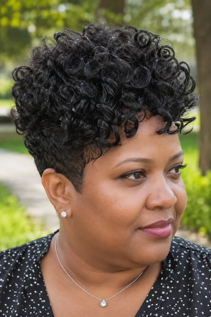 Close-up portrait of a plus size woman with a curly pixie haircut featuring extra volume on top. Defined natural curls create height and texture at the crown, while the sides are neatly tapered. The hairstyle fills most of the frame, with realistic skin texture