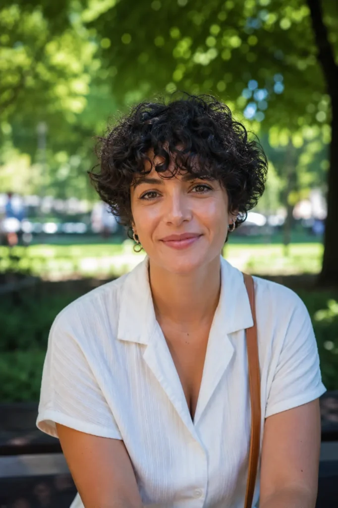 woman with a curly pixie haircut and soft bangs, featuring defined natural dark curls and realistic skin texture. She wears a casual elegant white blouse and is photographed outdoors in a green park setting with a softly blurred background.