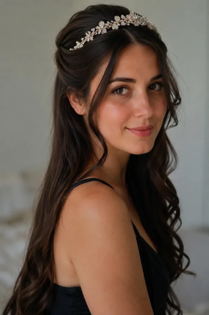 Real 21-year-old woman wearing an embellished decorative headband with a soft half-up hairstyle, photographed in an elegant realistic portrait. Her long dark hair cascades in loose waves, with the upper section gently pinned back to showcase the ornate floral-inspired headband. The hairstyle is the focal point, highlighting natural texture