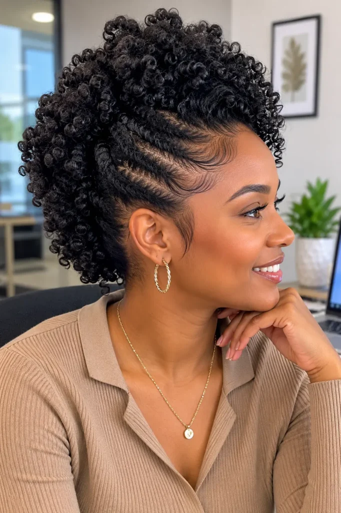 Black woman wearing a natural hair faux hawk hairstyle with defined Type 4 curls concentrated along the center and sleek braided sides, photographed in a professional office setting. The hairstyle is prominently displayed from a side profile