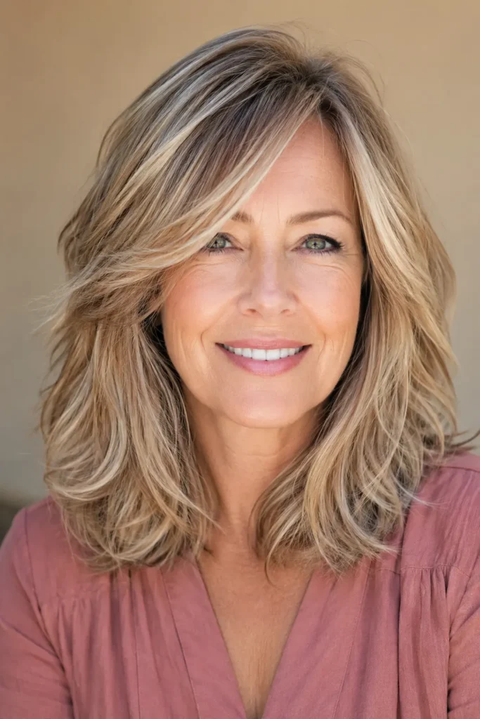 a real English woman aged around 50–60 with a medium-length layered haircut and soft blonde balayage. Her glossy, dimensional hair features beautifully blended highlights and natural movement, filling most of the frame. She wears a modest dusty rose blouse