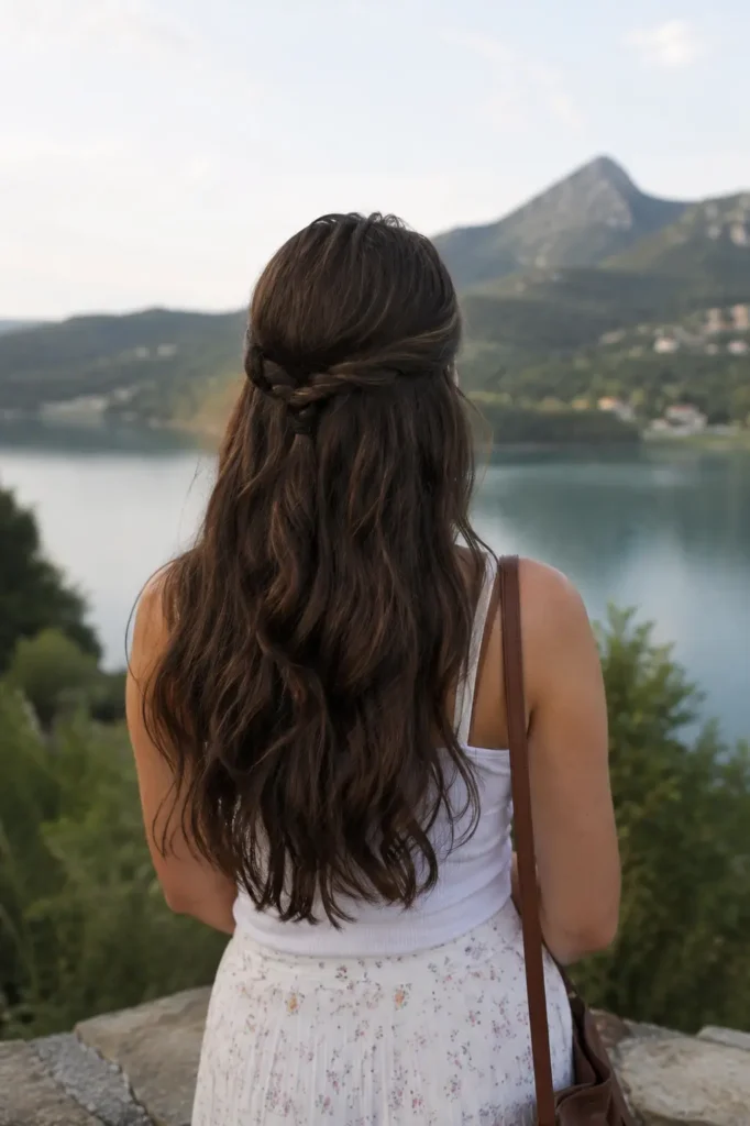 Back view of a real woman aged 20–35 with a half-up braided hairstyle and long wavy brunette hair, standing outdoors in a natural setting