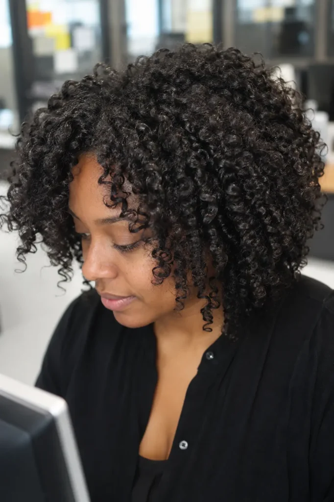 Close-up of a real woman in a workplace setting wearing a wash-and-go natural hairstyle with defined, healthy curls. The hairstyle dominates the frame, showcasing realistic curl texture, shine, and volume under natural daylight