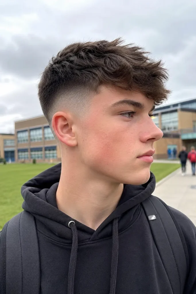 teenage boy with a high fade haircut and voluminous textured top, wearing a black hoodie on a school campus, shown in natural daylight with the hairstyle