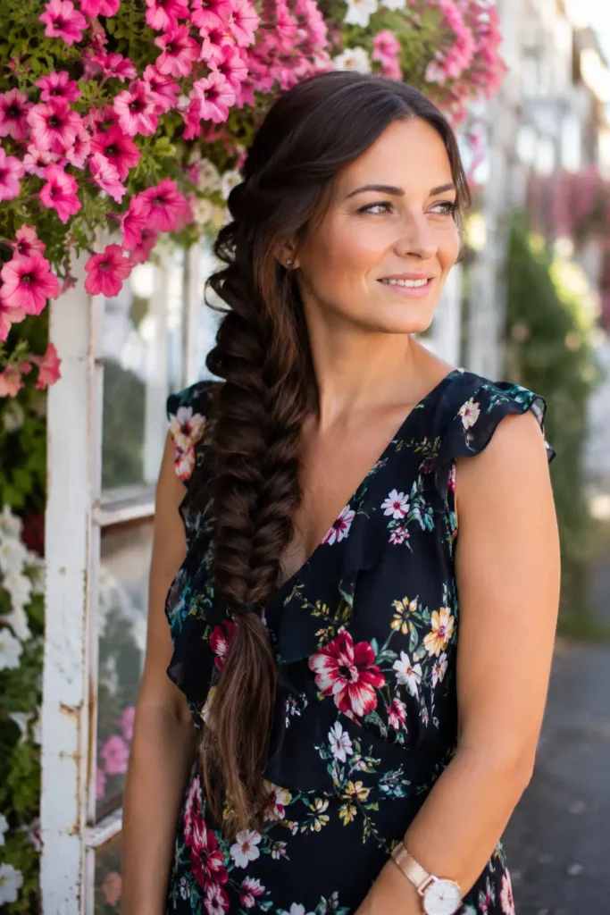 woman with an infinity braid hairstyle and glossy chestnut brown hair standing in a floral garden, wearing an elegant floral dress