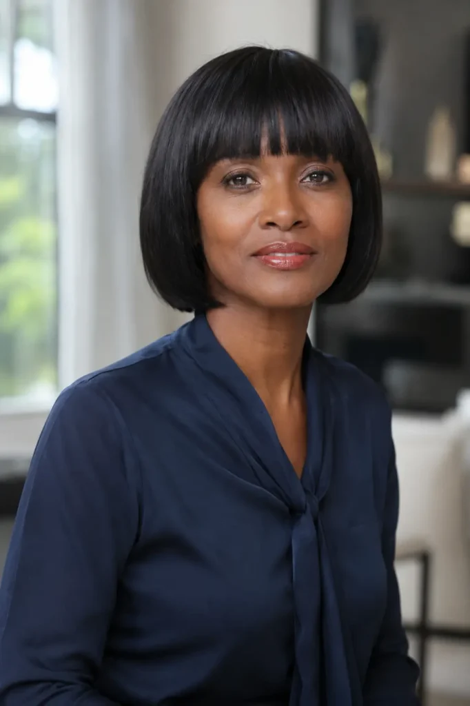 Real Black woman with a sleek jaw-length bob haircut and blunt bangs, wearing an elegant navy blouse in a modern indoor setting. Her glossy black hair frames her face evenly, highlighting the sharp bob shape and straight fringe.