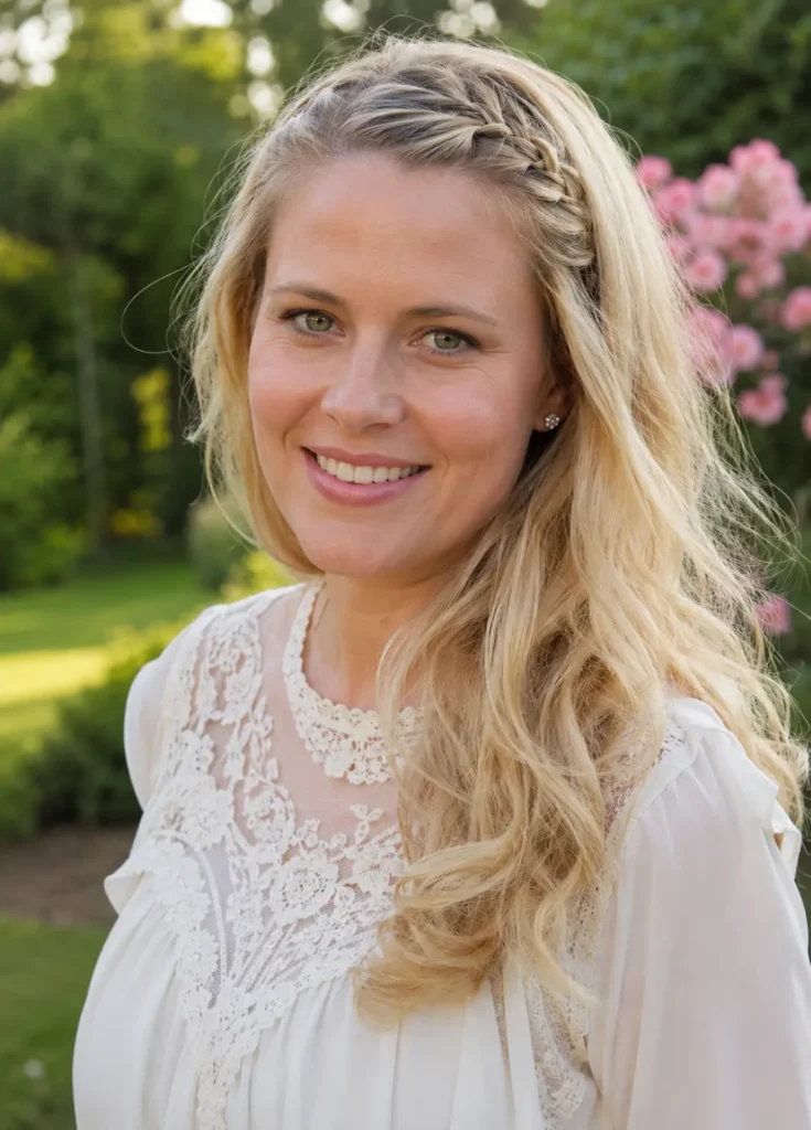 woman with a lace braid along the hairline and soft blonde wavy hair, wearing an elegant white lace blouse in a sunlit garden