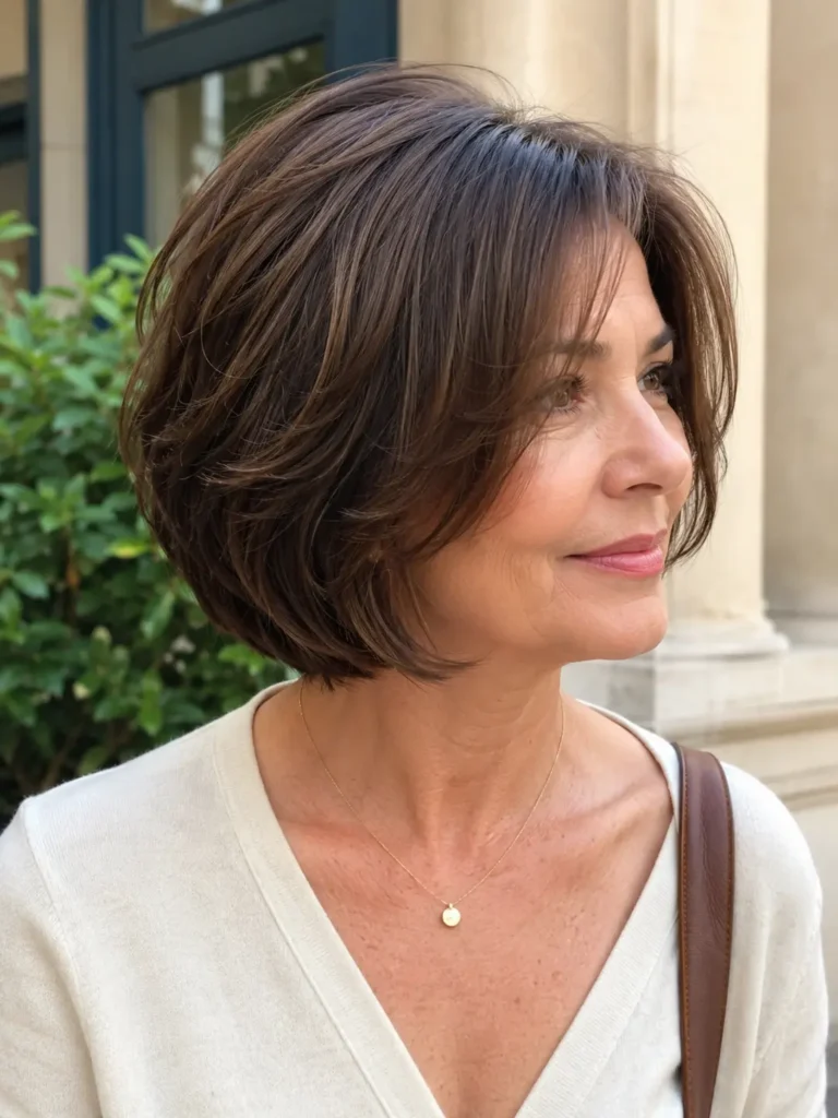 Real woman over 40 with a layered French bob haircut featuring chin-length brunette hair, soft movement, and natural shine