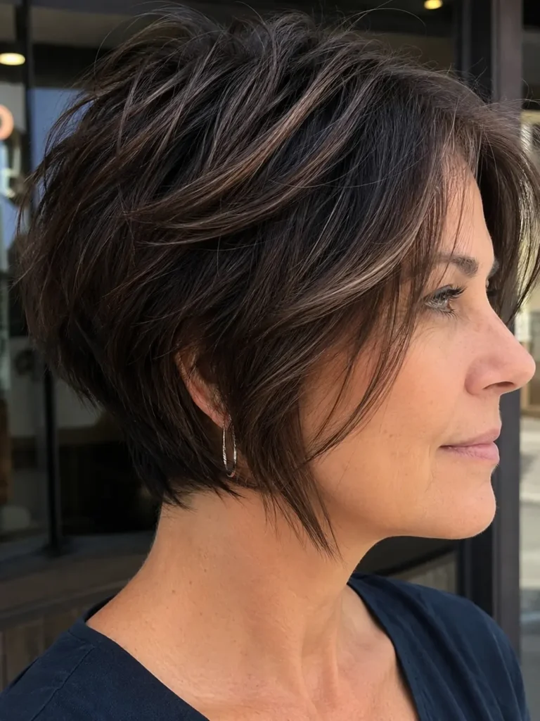 Close-up portrait of a real woman over 40 with a layered pixie bob haircut featuring textured volume and longer face-framing pieces. Her rich brunette hair has natural movement and subtle highlights, styled with soft layers that add fullness and dimension.