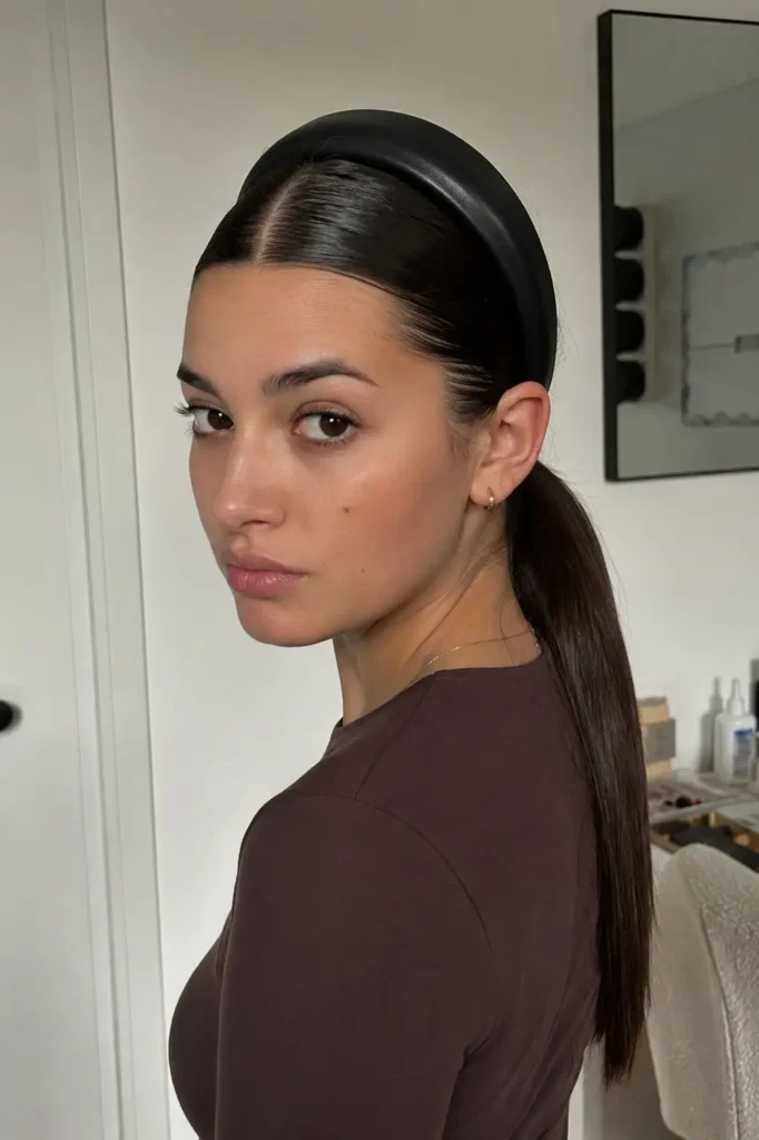 22-year-old woman wearing a black leather headband with a sleek low ponytail, featuring smooth, polished hair and modern minimalist styling. Realistic portrait of an everyday woman with natural facial features, detailed skin texture, subtle makeup, and authentic expression