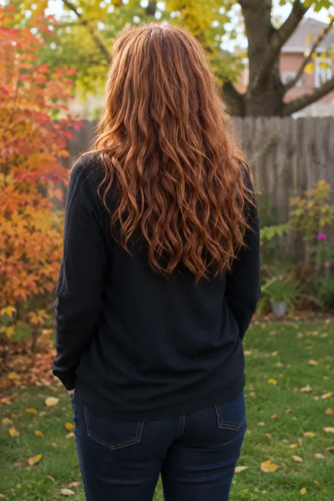 Back view of a real woman aged 55–65 with long auburn wavy hair cascading down her back, showcasing natural volume, healthy shine, and soft texture. She stands in an outdoor autumn garden surrounded by colorful fall foliage