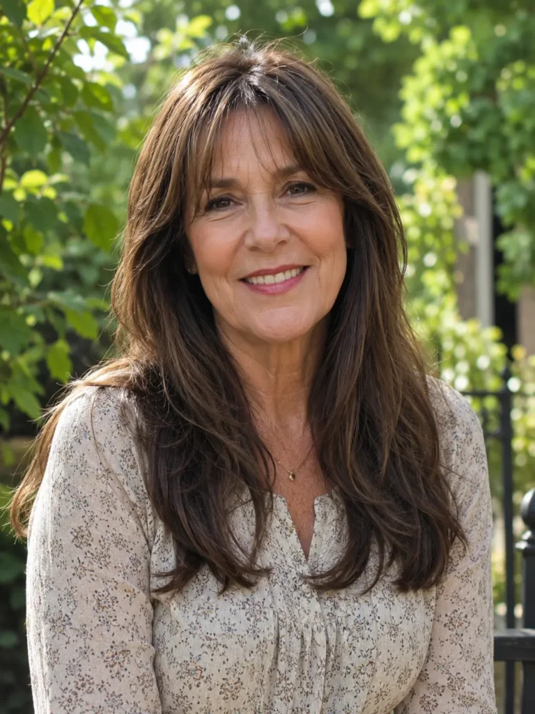 woman aged 50–65 with long curtain-layered warm brunette hair, smiling outdoors in a lush garden. Her healthy, naturally textured hair frames her face, showcasing realistic mature features and authentic beauty. She wears a casual elegant blouse