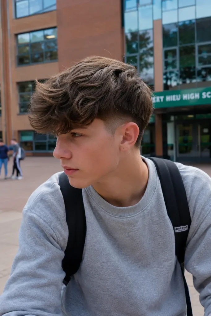 **Alt text:** Teen boy with a long fringe haircut and tapered sides wearing a gray sweatshirt, photographed outdoors on a school campus in natural daylight, with textured hair falling across his forehead.