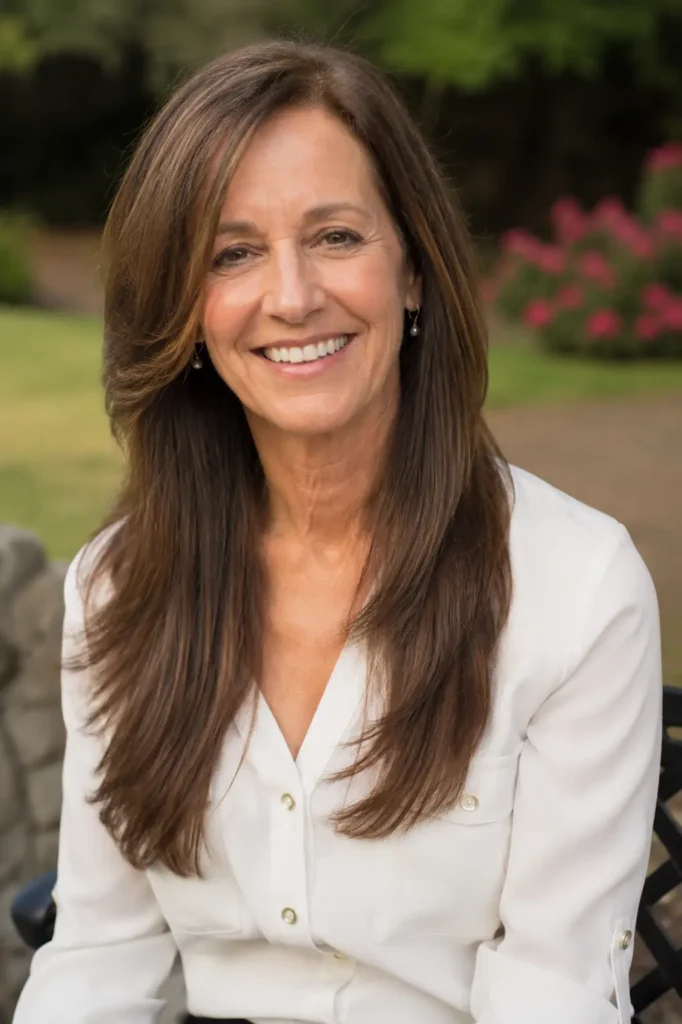 woman aged 55–65 with long glossy straight layered brunette hair, smiling outdoors in a garden setting. She wears an elegant cream blouse