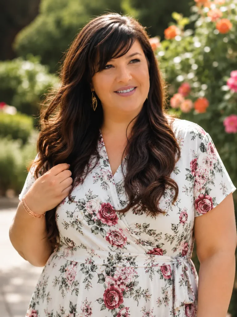 plus size woman with long dark brown hair and side-swept bangs standing in a sunlit floral garden. Her glossy, softly curled hair is the main focus, cascading over her shoulders and clearly showcasing the hairstyle. She wears a modest floral dress with natural makeup