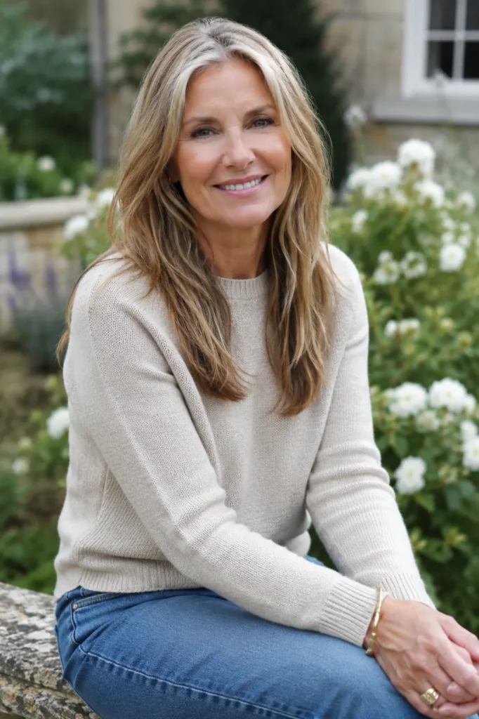 woman aged 55–65 with long layered hair and soft blonde highlights, wearing a light beige sweater and blue jeans, sitting outdoors in a blooming garden. Natural daylight highlights her healthy hair, realistic skin texture, and authentic mature beauty