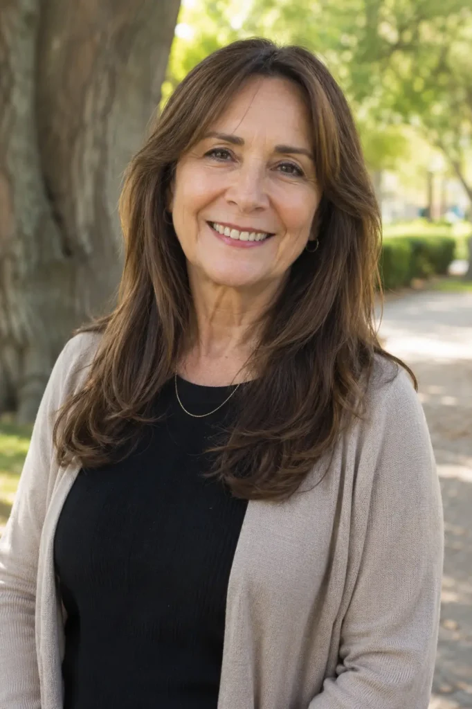 Real woman aged 50–65 with long chestnut brown hair featuring soft layered ends, smiling outdoors in a park. She has realistic mature facial features, natural skin texture, and healthy, glossy hair. Wearing a casual elegant black top and light cardigan