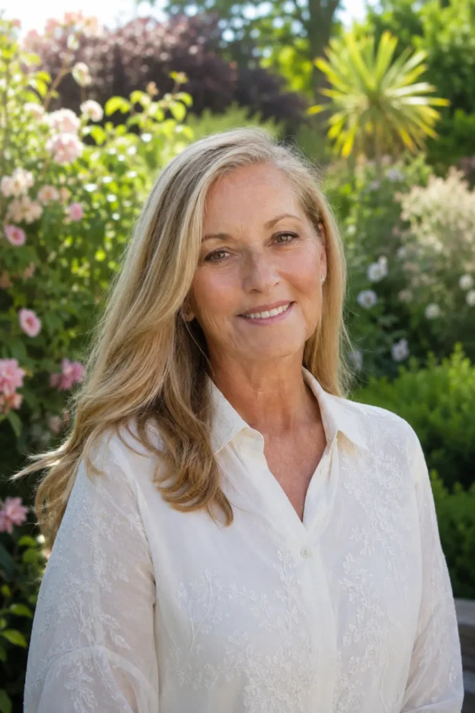woman aged 55–65 with long dark blonde hair styled in a deep side part, wearing an elegant white blouse and smiling naturally in a sunlit garden. Her mature facial features and natural skin texture are clearly visible, while the outdoor floral background creates a warm