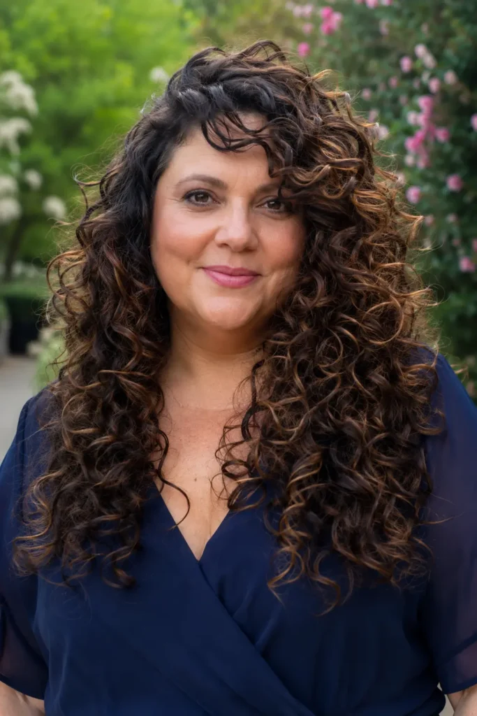 Close-up portrait of a plus-size woman with long layered curly hair, featuring cascading defined curls and natural volume. The hairstyle fills most of the frame, showcasing the layered cut from crown to ends