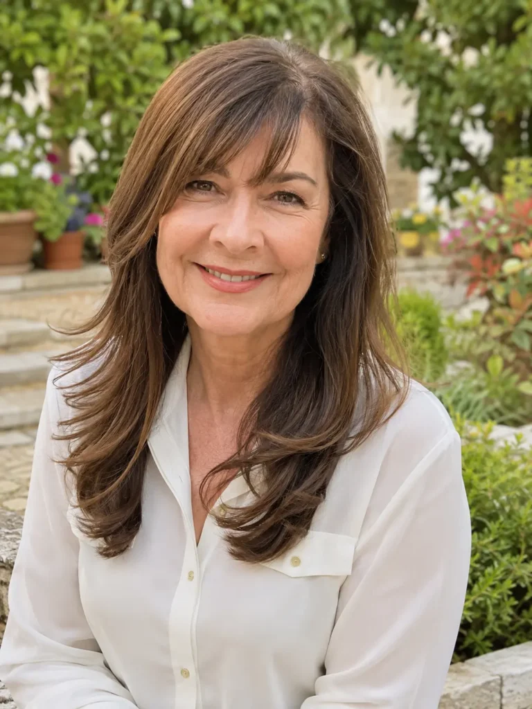 **Alt Text:** Mature woman with long layered brunette hair and side bangs smiling outdoors in a garden, showcasing healthy, voluminous hair in natural daylight.
