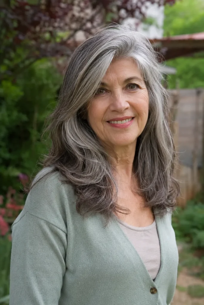 woman aged 60–70 with long layered silver-gray hair featuring a natural gray blend, standing outdoors in a garden. She wears an elegant casual cardigan and smiles gently in soft daylight