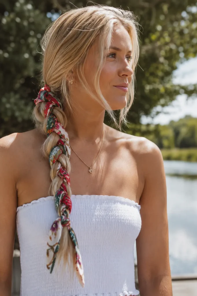 Woman wearing a colorful bandana-woven side braid hairstyle with long blonde hair in natural summer daylight.
