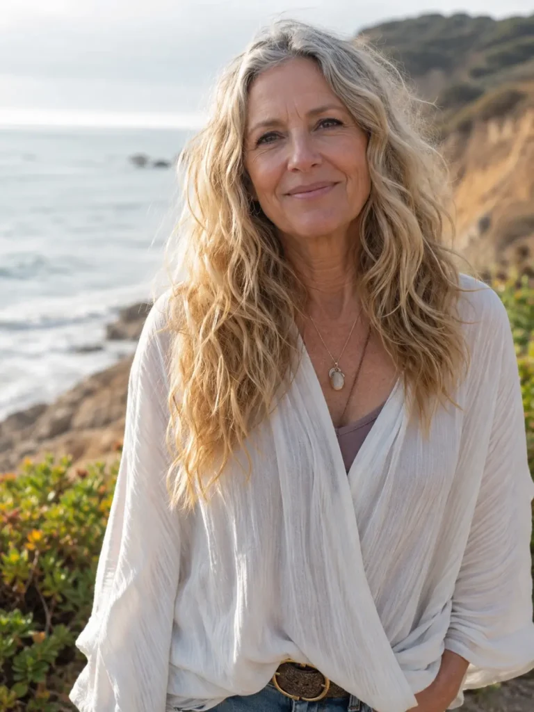 Mature woman aged 55–65 with long loose beach waves and sandy blonde hair standing outdoors near a coastal cliff. She wears a casual elegant white blouse and smiles