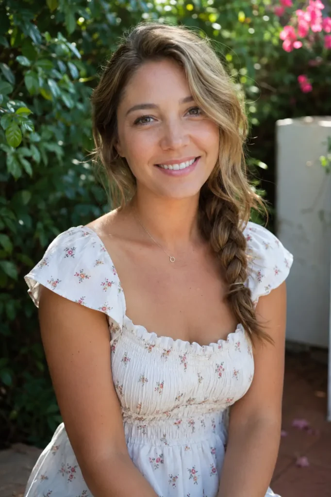 woman with a loose side braid draped over one shoulder, honey blonde hair, and natural skin texture, wearing a casual elegant dress in a sunlit garden