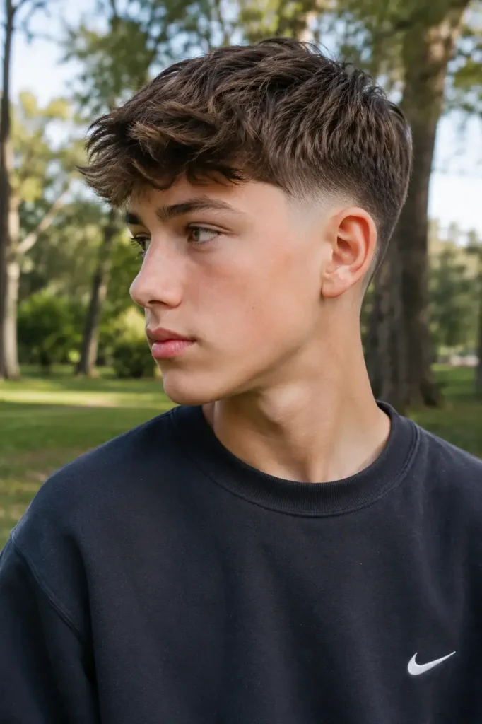 teenage boy with a low taper fade haircut and textured top, wearing a dark sweatshirt in a sunny park setting.