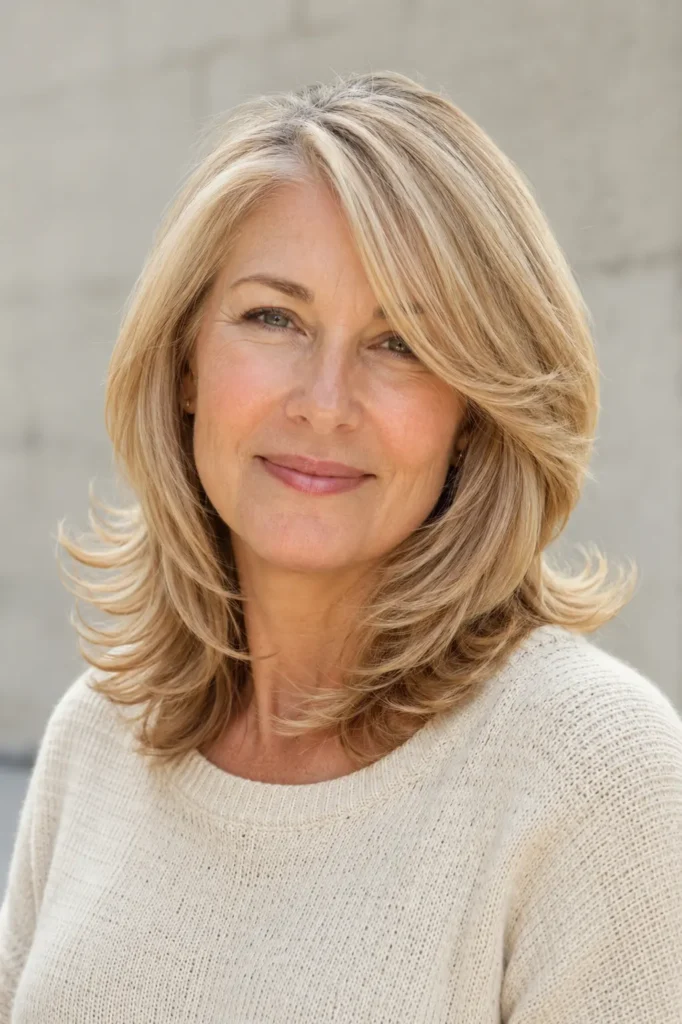 a real English woman in her late 50s with medium feathered layered hair and a deep side part. Her glossy blonde hair features soft feathered movement and healthy shine, illuminated by bright natural daylight