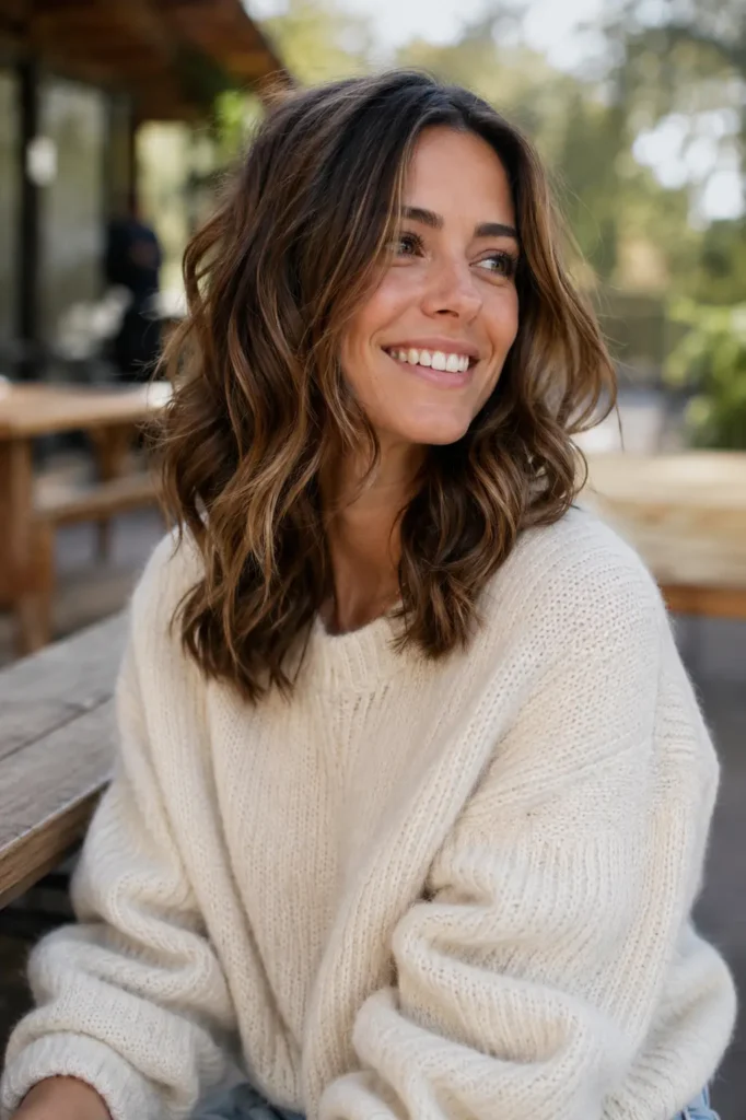 woman with medium-length textured loose brunette waves, featuring natural volume and soft movement. She wears a cozy cream sweater and smiles candidly while seated outdoors in warm sunlight. The hairstyle is the main focus
