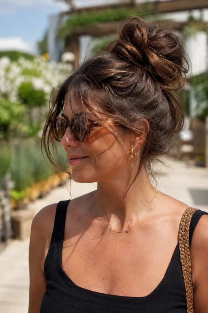 woman aged 25–45 wearing a messy high bun hairstyle with soft wispy strands framing her face. Her natural brunette hair is the focal point, showing texture, volume, and effortless movement. Captured outdoors in bright summer daylight