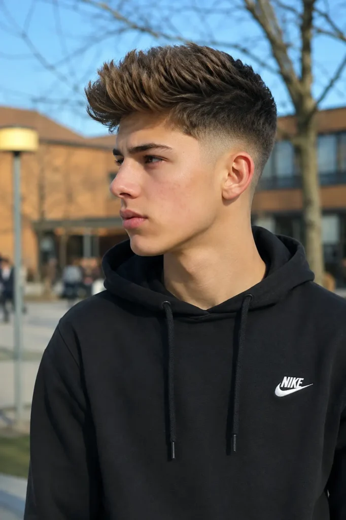 teenage boy with a mid fade haircut and textured brush-up hairstyle, wearing a black hoodie in an outdoor school setting
