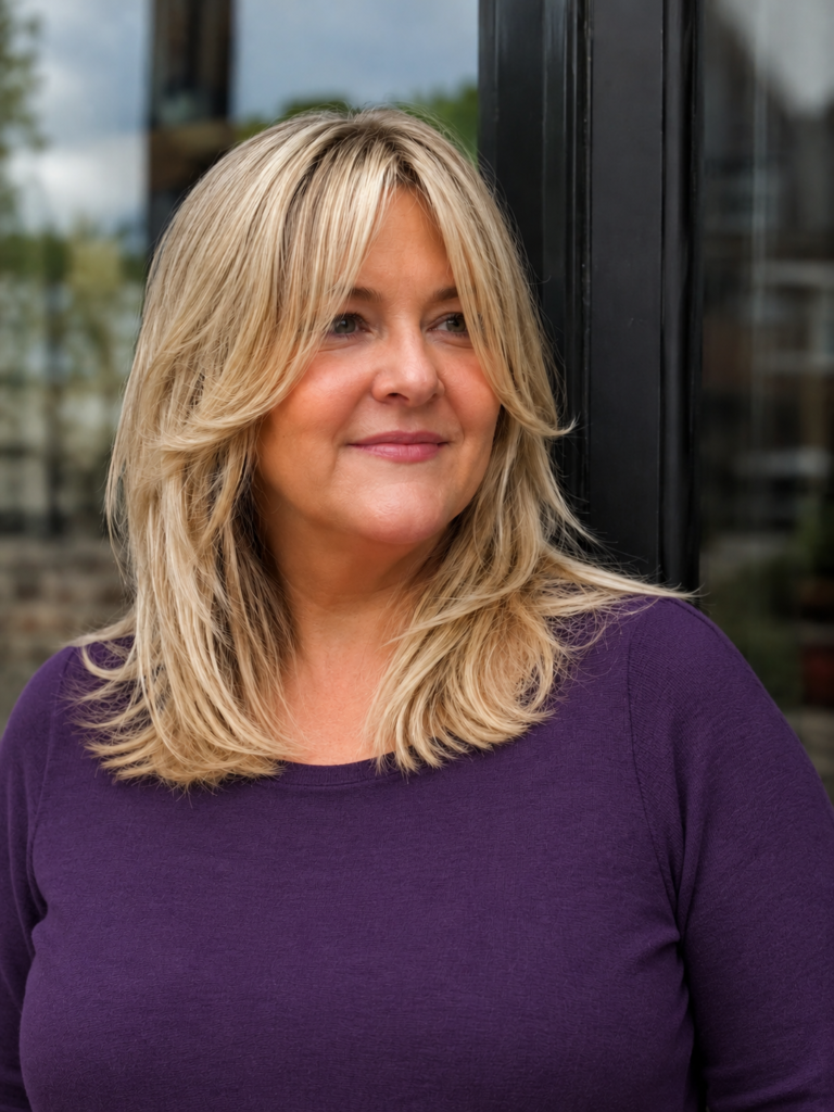 Plus-size English woman with a mid-length layered haircut and curtain fringe, featuring creamy blonde hair with healthy shine and face-framing layers. She wears a modest purple top and is photographed outdoors in natural daylight,