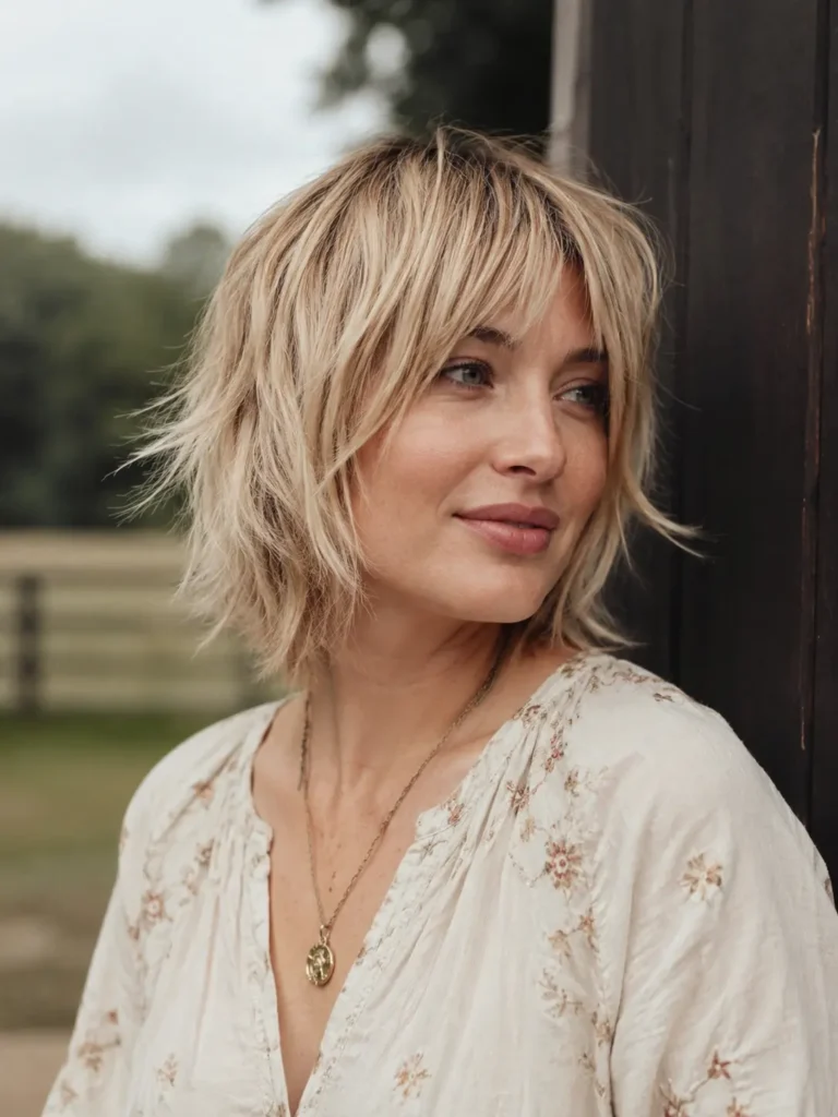 Mini shag haircut on oval-faced English woman with textured blonde layers in natural daylight, realistic portrait with soft bohemian style.
