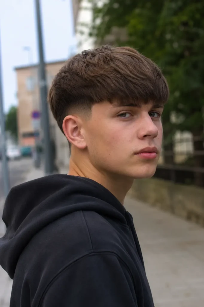 **Alt text:** Teenage boy with a modern bowl cut and tapered sides wearing a black hoodie, standing outdoors in natural daylight with the haircut clearly visible.