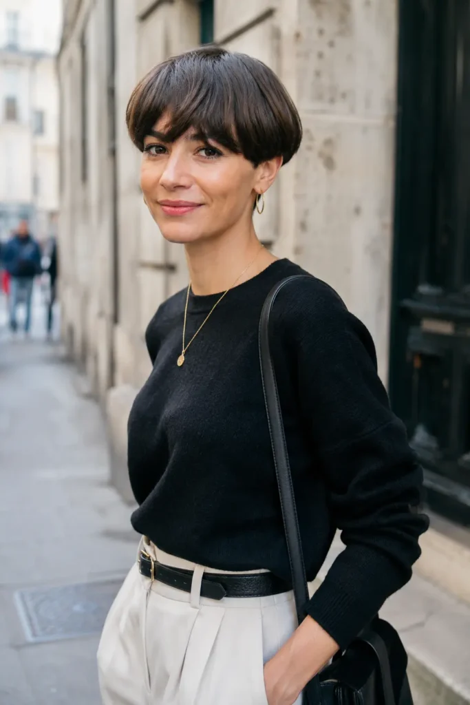 woman aged 25–40 with a modern bowl cut hairstyle and soft bangs, featuring sleek dark brown hair and natural facial features. She wears a trendy black sweater and light-colored trousers while standing in an urban street setting