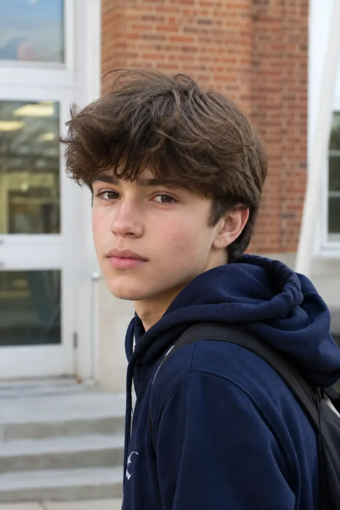 **Alt text:**
White teenage boy with a modern mop top haircut and soft, voluminous brown hair, wearing a navy hoodie outdoors near a school building in natural daylight. The hairstyle is clearly visible, highlighting its textured layers and natural fullness.