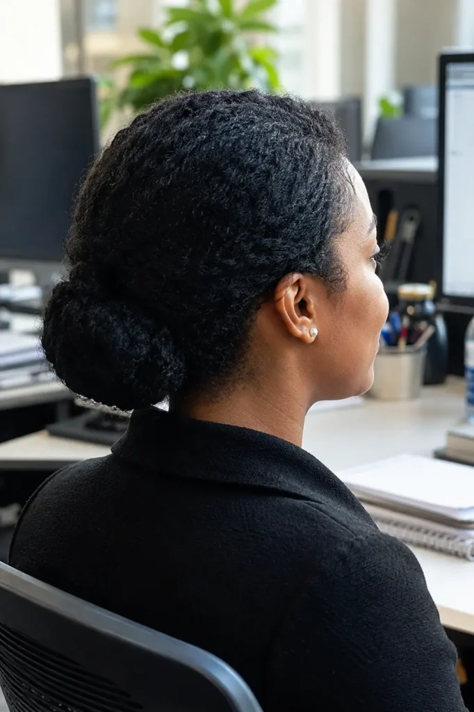 Side and back view of a real everyday Black woman wearing a natural hair chignon hairstyle in a professional office setting. Her textured natural hair is gathered into an elegant low chignon at the nape of the neck, showcasing realistic detail and volume