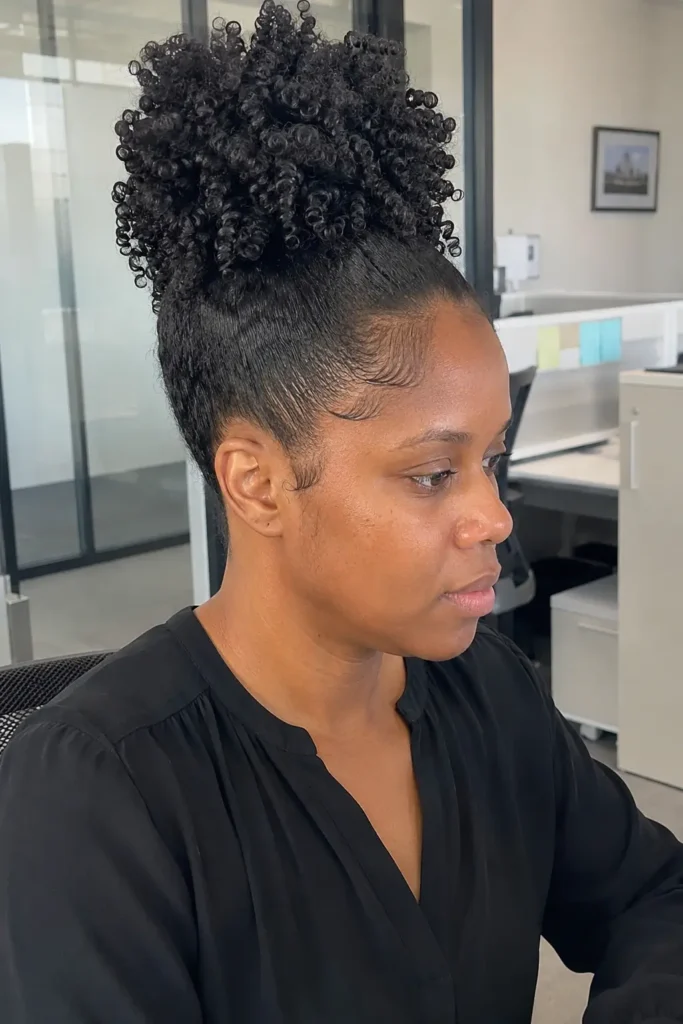 woman with a pineapple updo hairstyle featuring defined natural Type 4 curls gathered high on the crown. Sleek laid edges frame the face while the voluminous curls create height and texture. Photographed in a professional office setting with natural daylight,