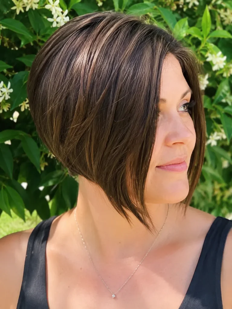 woman with a round face wearing an A-line pixie bob haircut featuring longer front pieces and a sleek angled shape