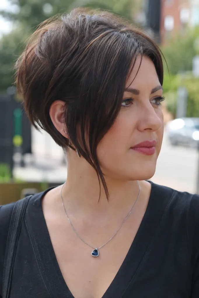 woman with a round face wearing a pixie bob haircut with long face-framing front pieces. The glossy dark hair features soft volume at the crown and textured layers