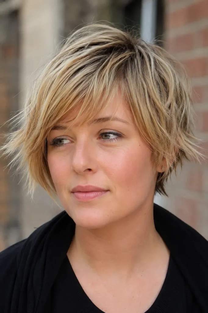 English woman with a round face wearing a razor-cut pixie bob haircut featuring piecey textured ends and soft movement