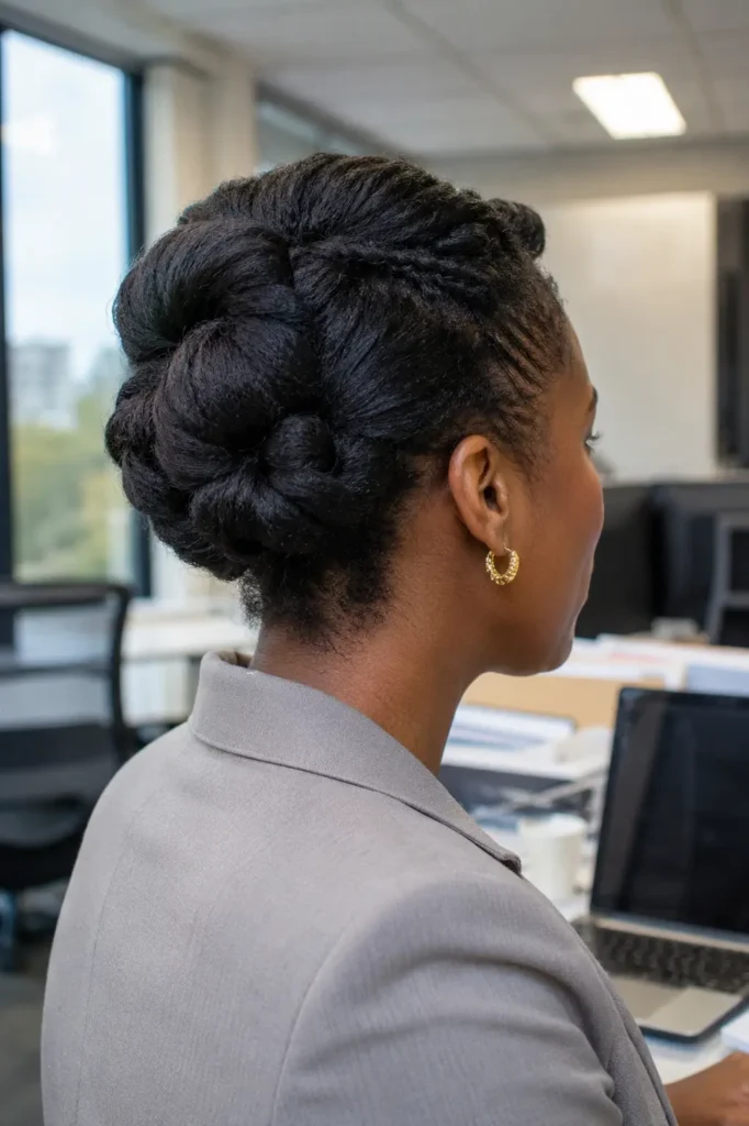 Black woman in a professional office setting wearing a rolled and tucked updo on natural hair, viewed from the side and back. The hairstyle features neatly rolled sections and tucked details gathered into an elegant low updo, with realistic natural hair texture and shine