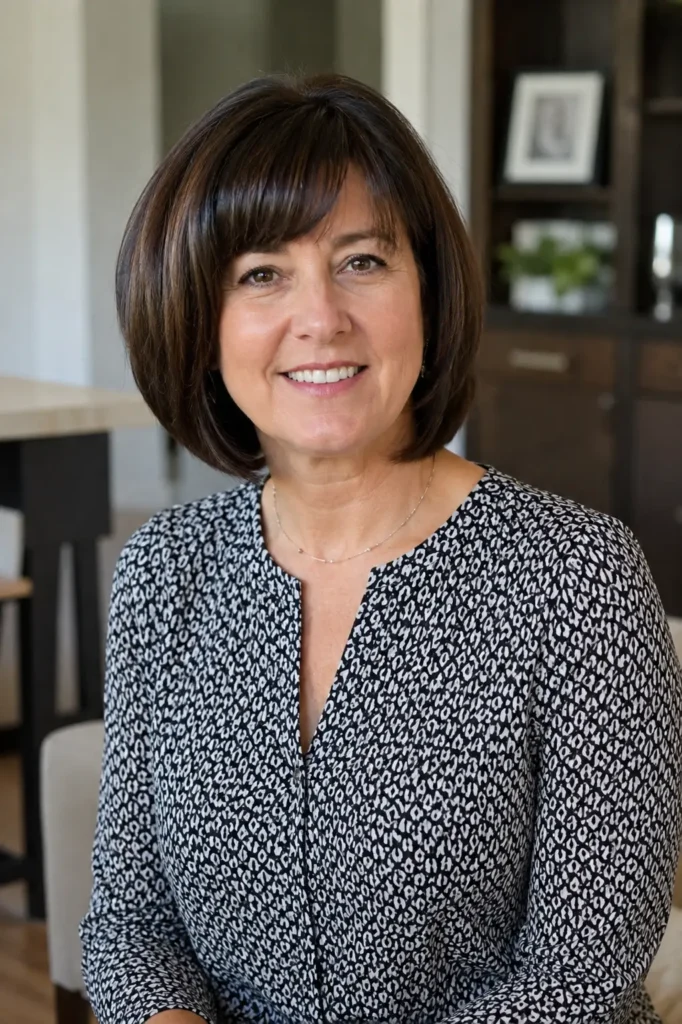 woman aged 35–55 with a rounded bob haircut and curved bangs, featuring sleek dark brown hair. She is wearing an elegant patterned blouse and smiling warmly in a modern indoor setting. The hairstyle is clearly visible in this upper-body portrait